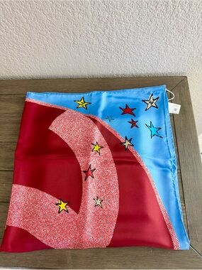 CHANEL Red, Blue & Yellow Star Silk Scarf